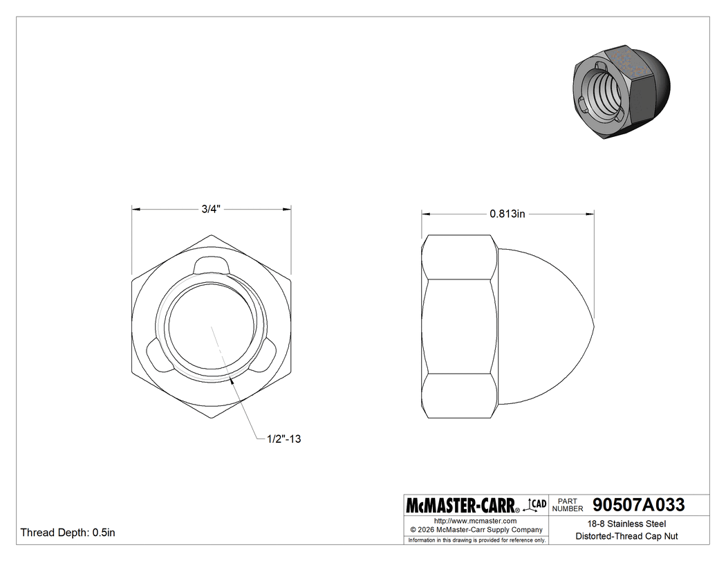 Technical Drawing of 18-8 Stainless Steel Distorted-Thread Cap Nut, 1/2"-13 Thread Size.
